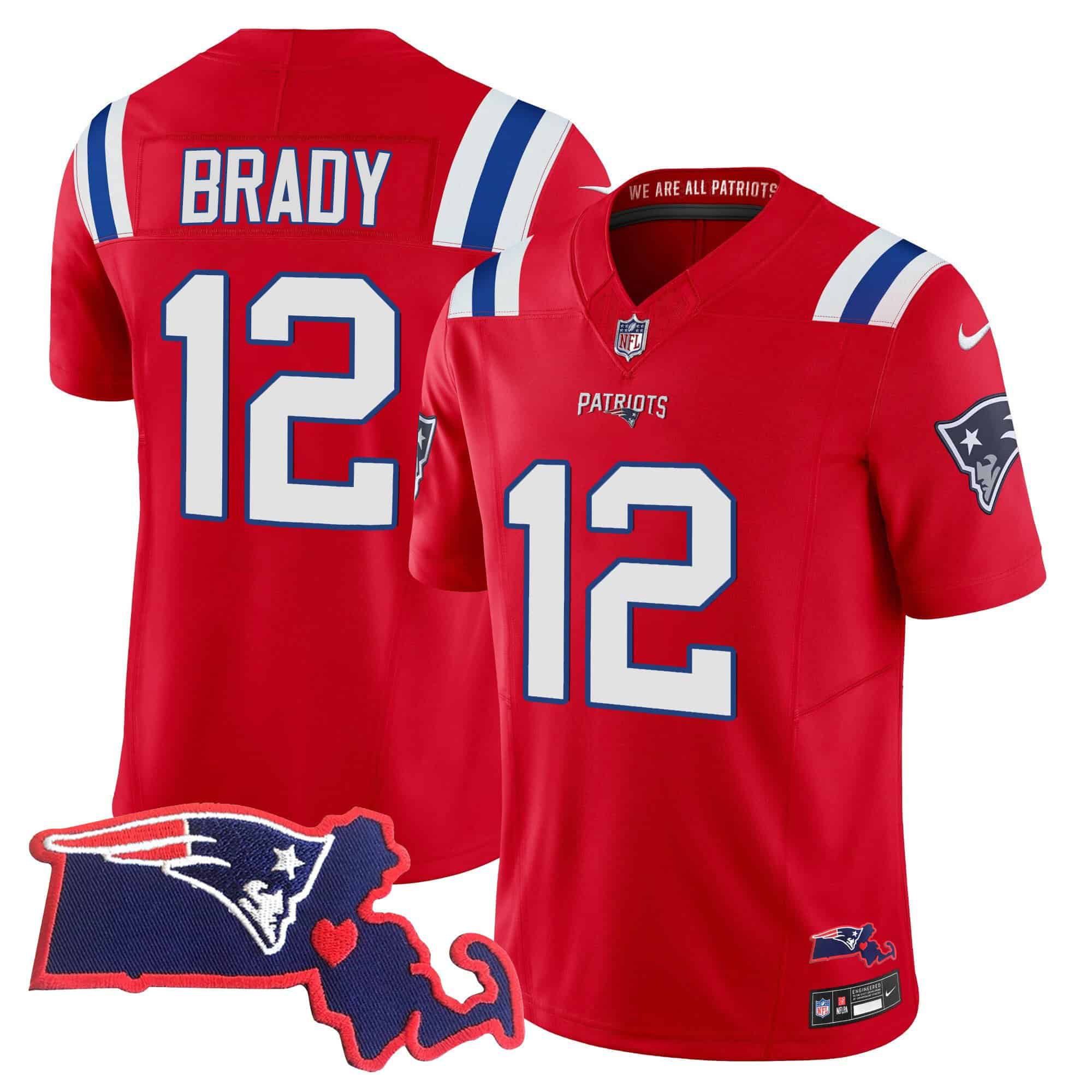 Men New England Patriots #12 Brady Red 2024 Nike Patch Vapor Limited NFL Jersey